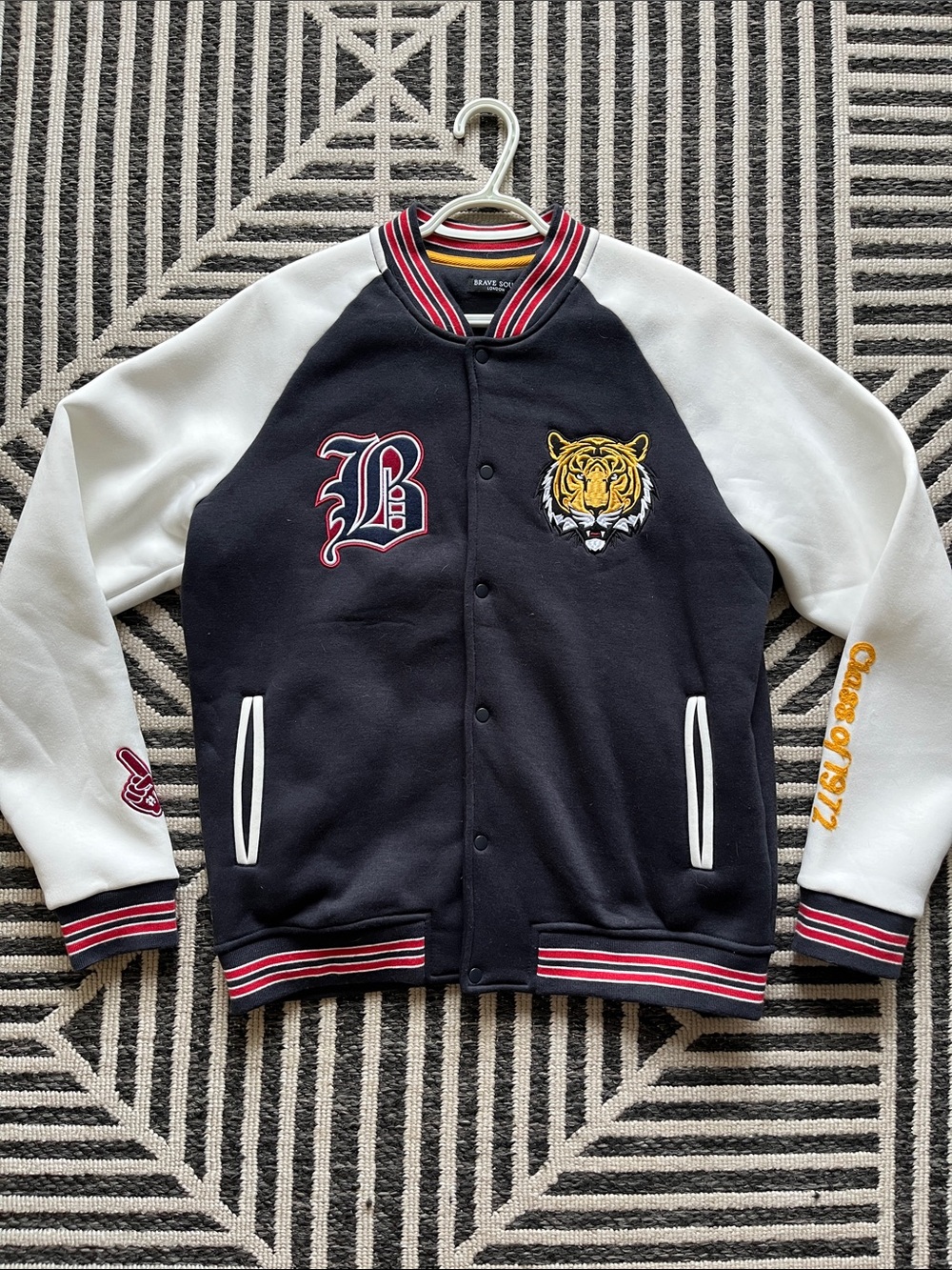 Brave Soul Black & White Varsity Jacket with Tiger Patch {NWOT}